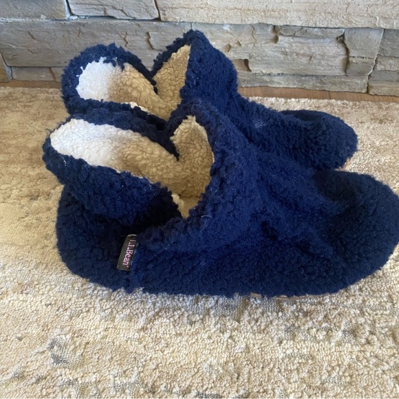 L.l Bean Cozy Slippers Booties Pull On Borg Sherpa Fleece Dark Blue: 10 - Picture 6 of 10
